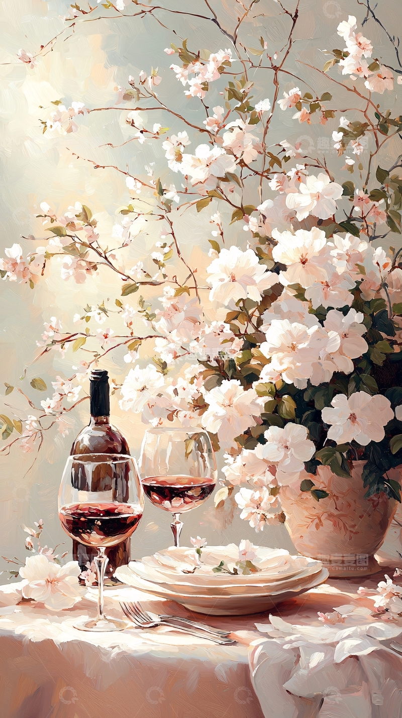 高清大图下载【趣麦麦图】春日花香红酒餐桌场景