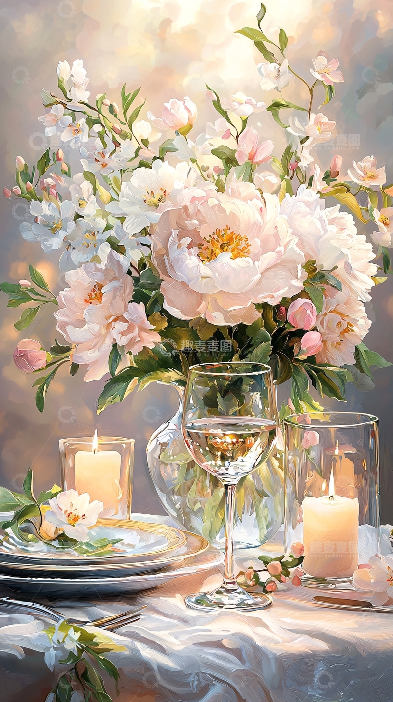 高清大图下载【趣麦麦图】浪漫餐桌布置与花束插画