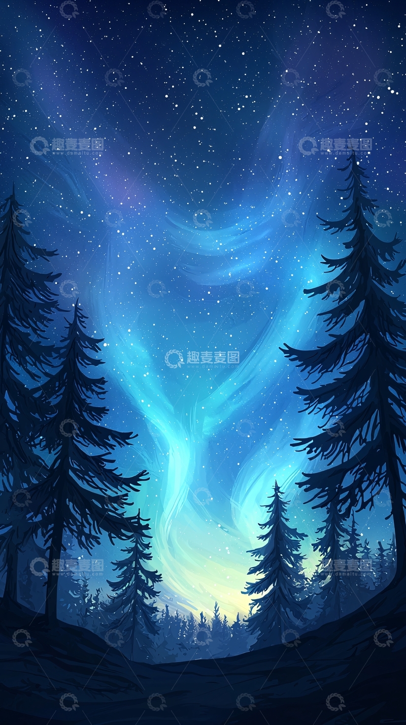 高清大图下载【趣麦麦图】夜空下的森林神秘景象