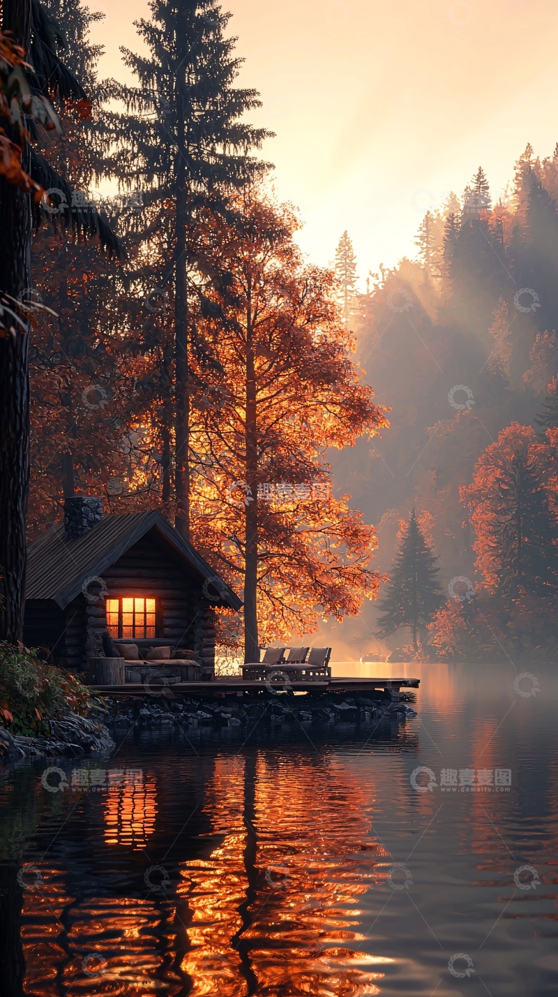 高清大图下载【趣麦麦图】秋日湖畔小屋静谧时光