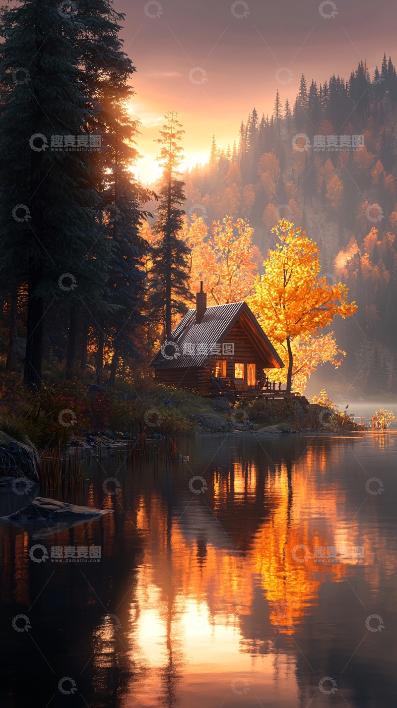 高清大图下载【趣麦麦图】秋日湖畔木屋风景