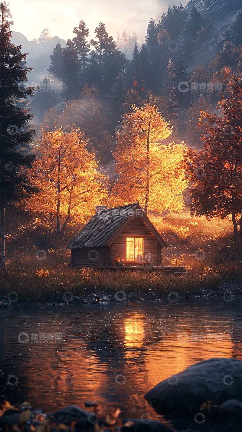 高清大图下载【趣麦麦图】秋日湖畔小屋