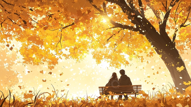 高清大图下载【趣麦麦图】秋日树下情侣坐椅