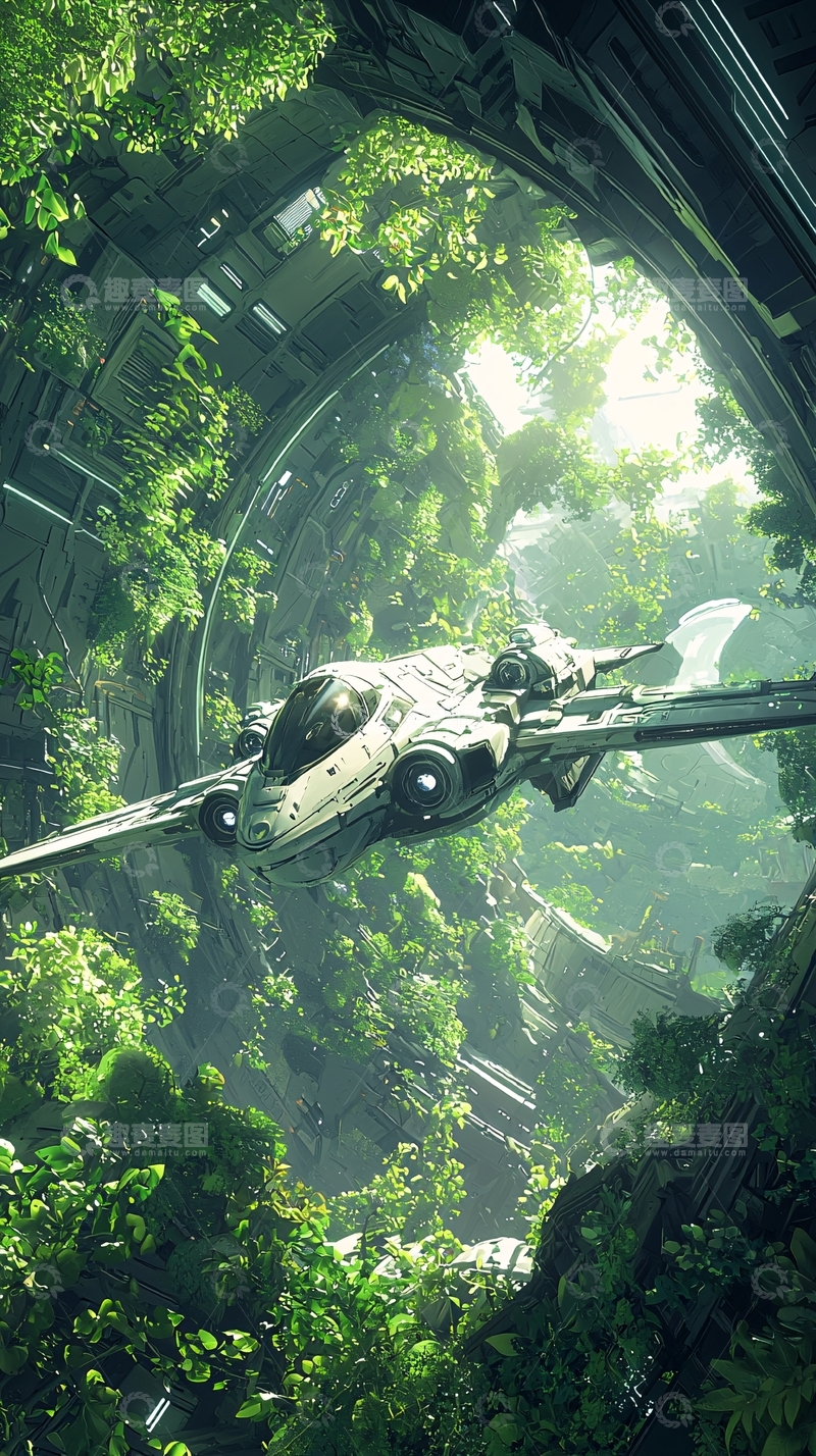高清大图下载【趣麦麦图】未来科技飞船穿梭于绿色丛林