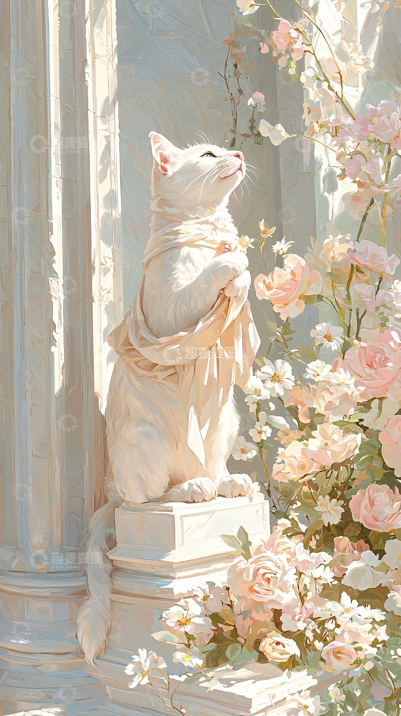 高清大图下载【趣麦麦图】白猫雕像与花丛