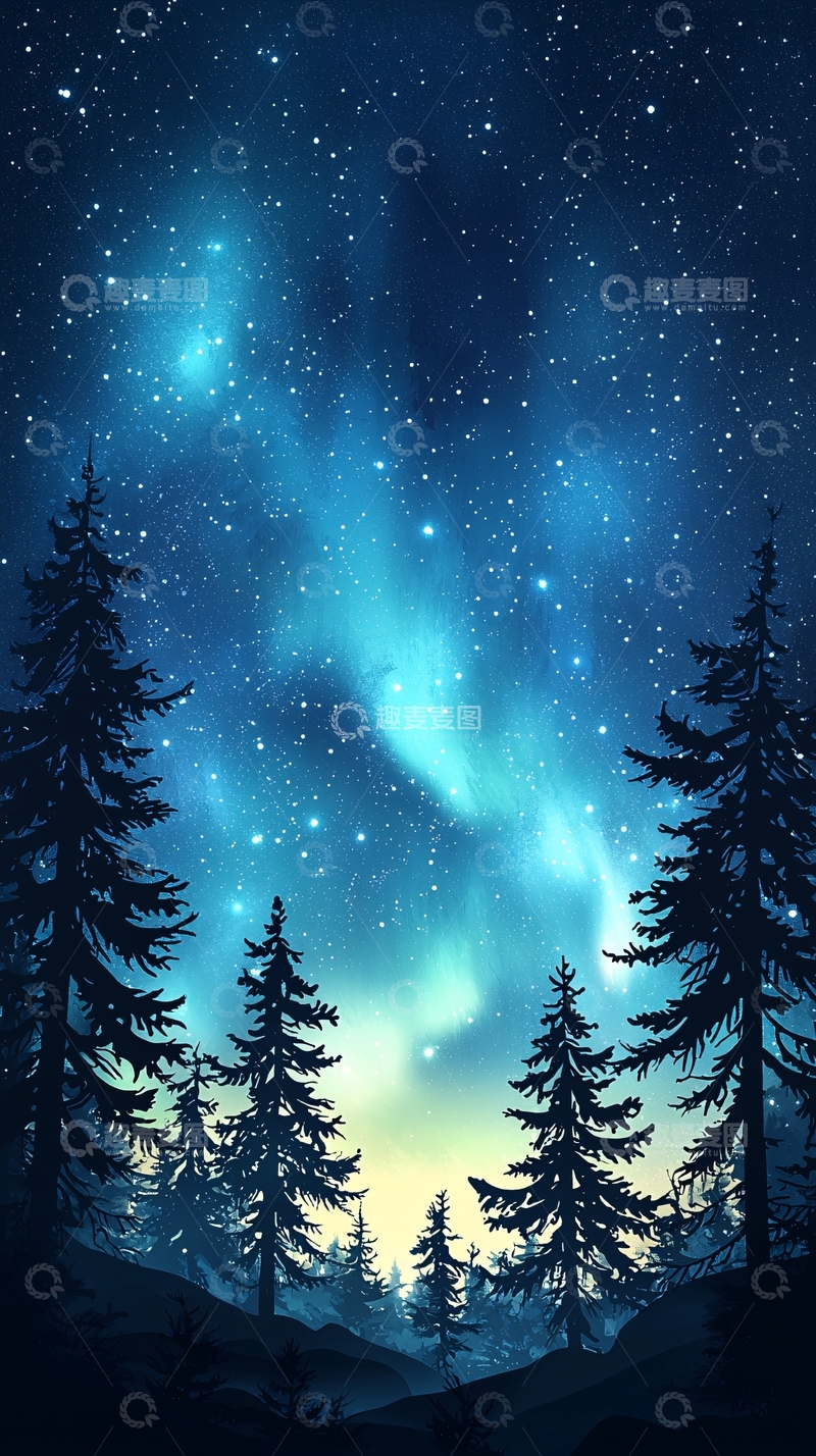 高清大图下载【趣麦麦图】夜空下的森林剪影