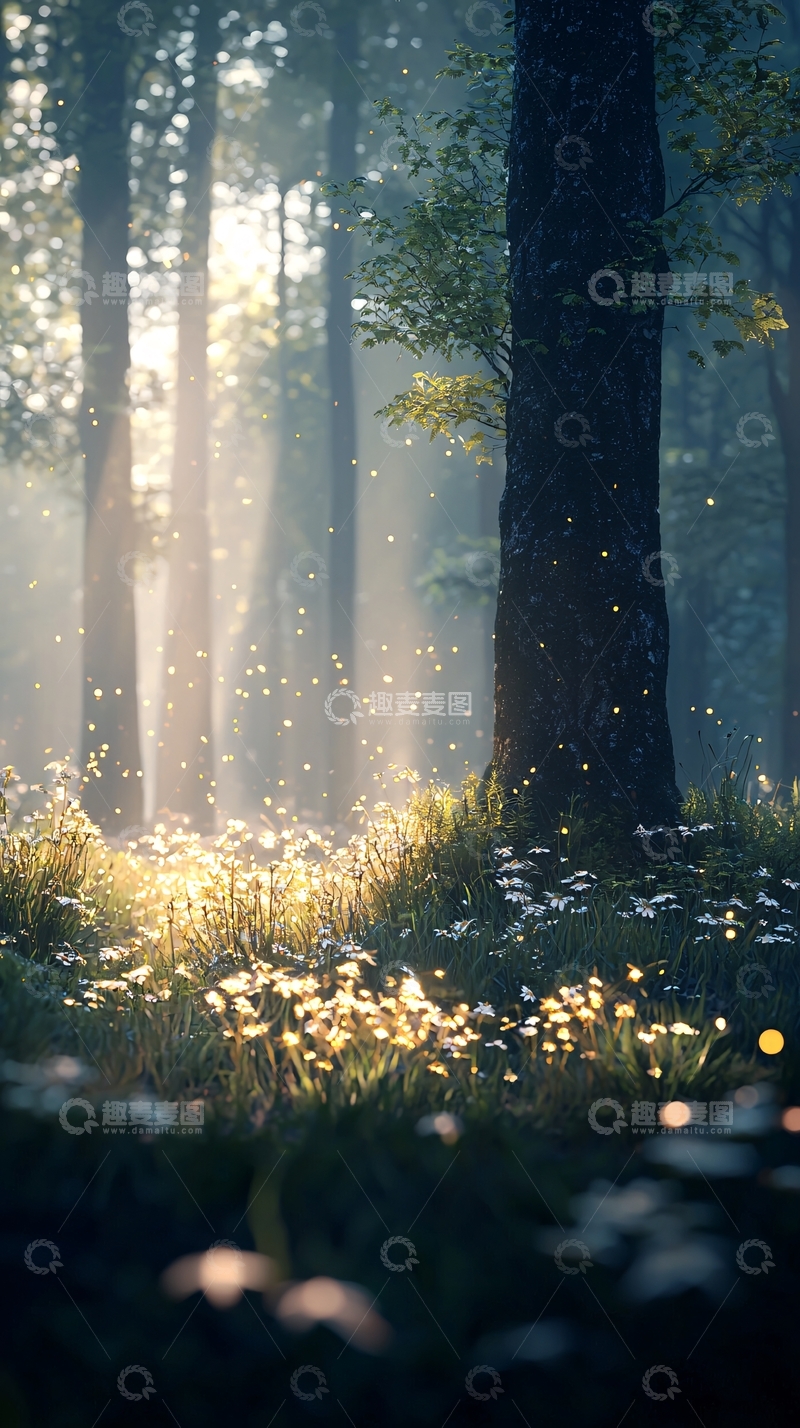 高清大图下载【趣麦麦图】晨光森林中的萤火虫