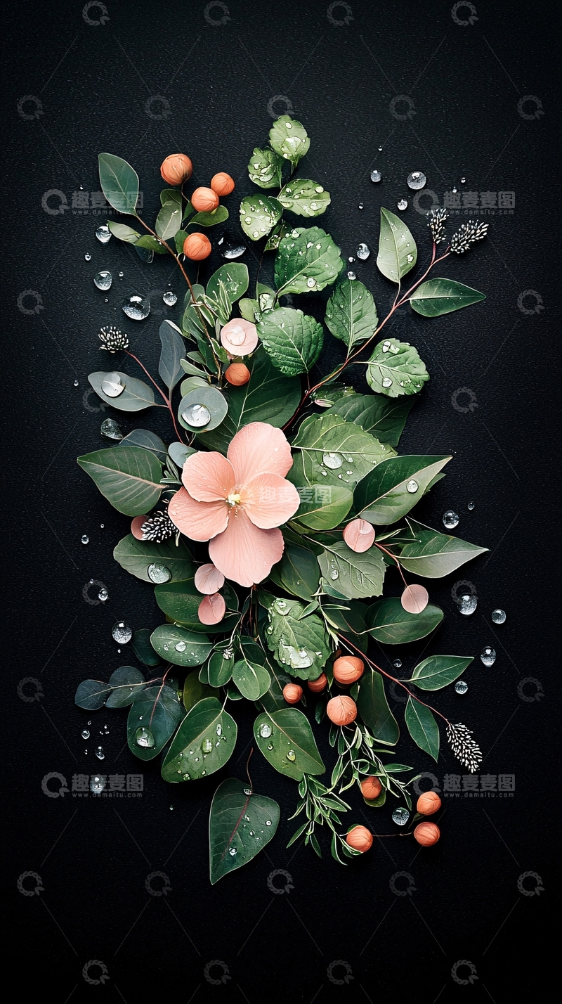 高清大图下载【趣麦麦图】粉色花朵与绿叶水珠装饰图案