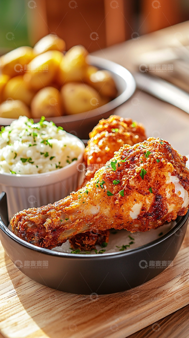 高清大图下载【趣麦麦图】-炸鸡腿配土豆泥和蒜蓉土豆