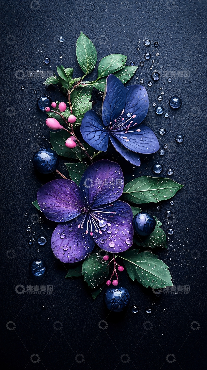 高清大图下载【趣麦麦图】紫色花朵与水滴的艺术排列