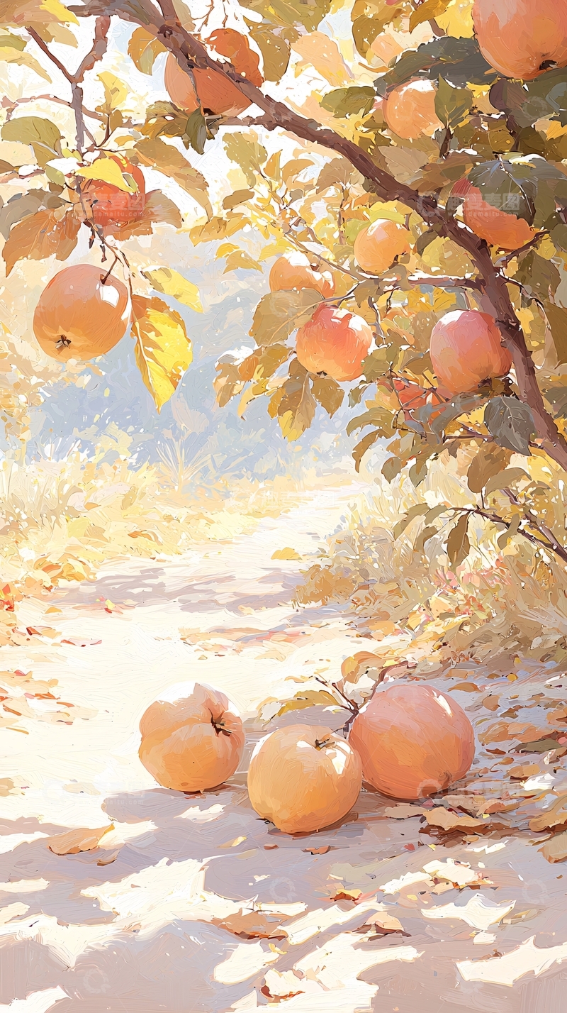 高清大图下载【趣麦麦图】秋日果园落叶苹果风景