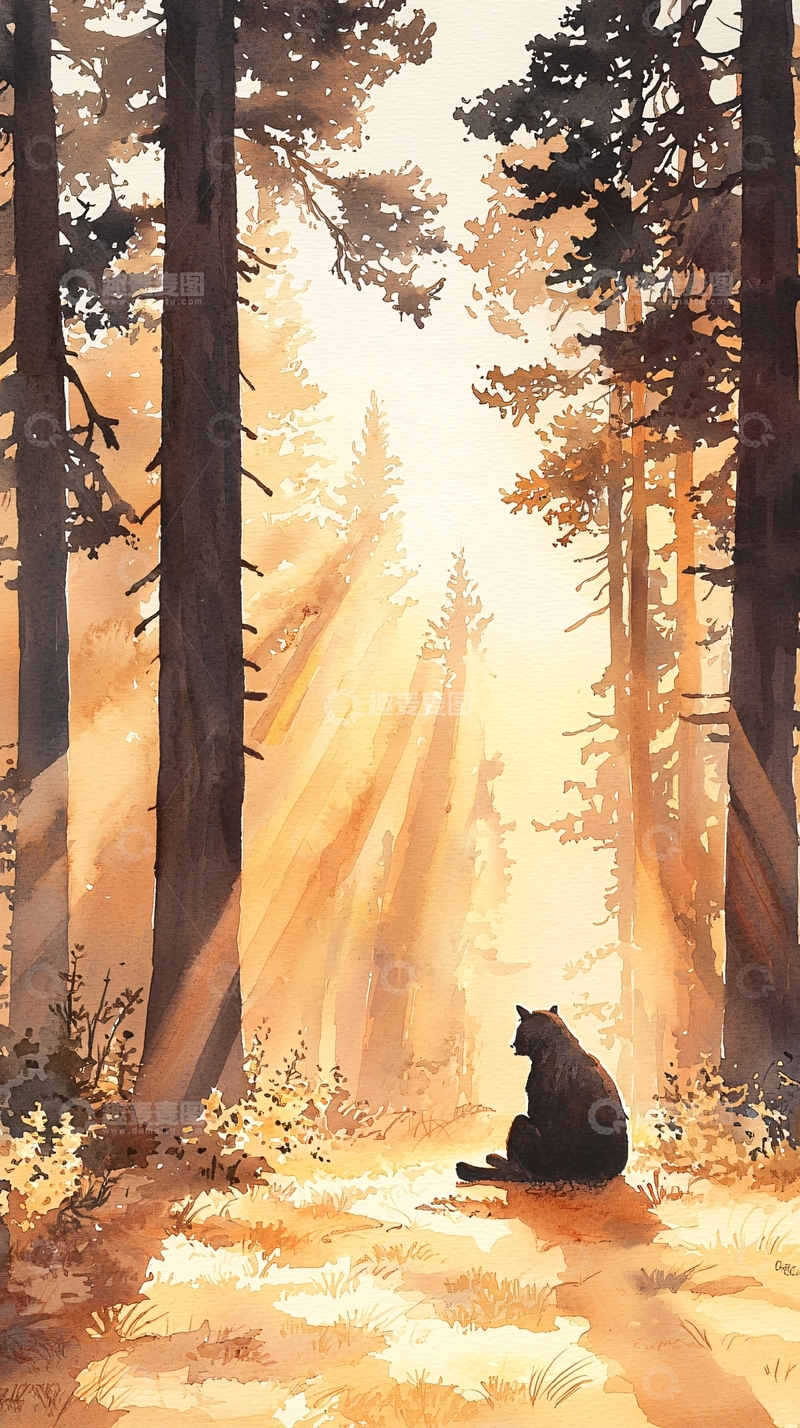 高清大图下载【趣麦麦图】森林中的黑猫与晨光