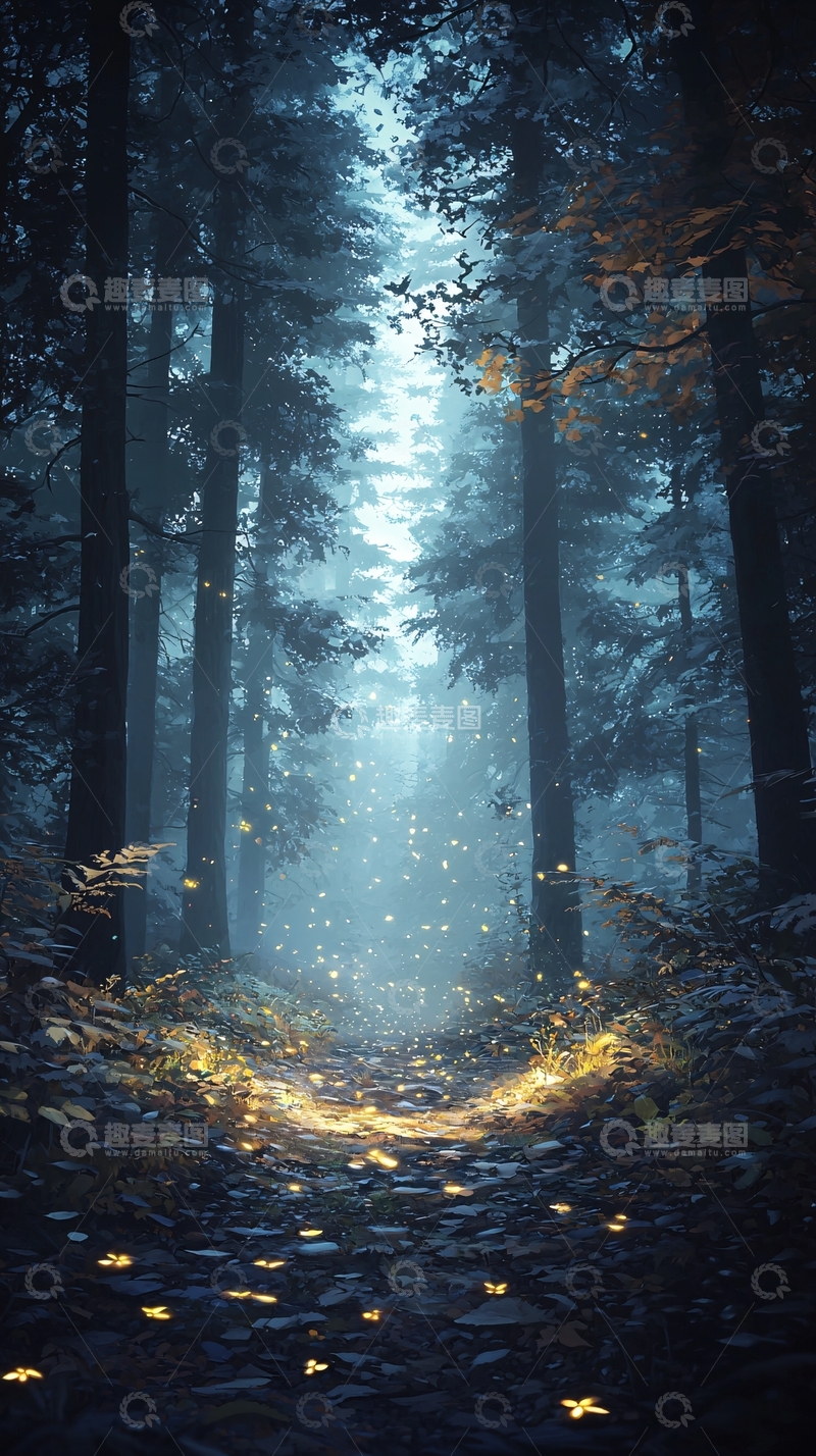 高清大图下载【趣麦麦图】梦幻森林中的光点路径