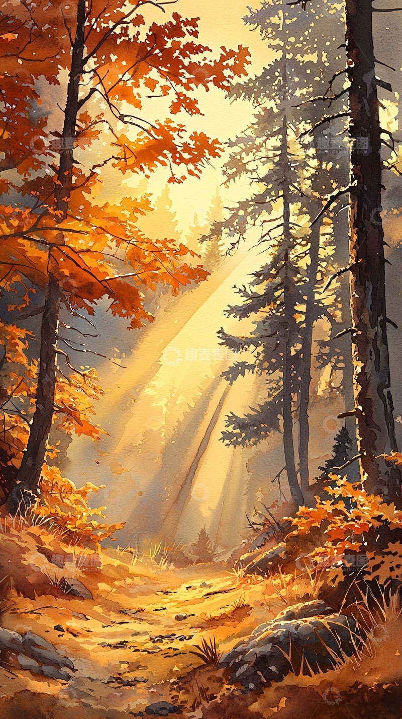 高清大图下载【趣麦麦图】秋日森林阳光穿透