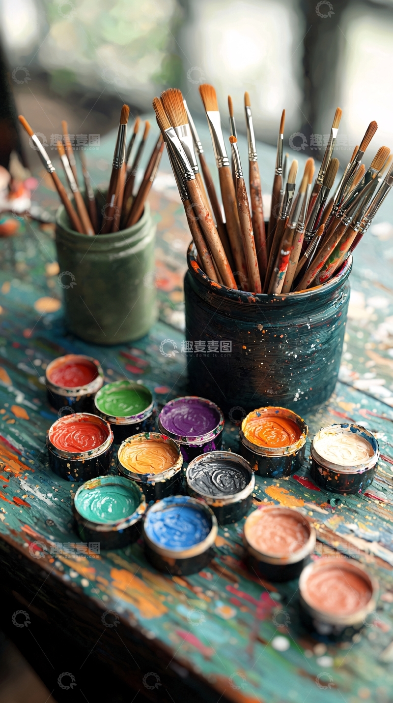 高清大图下载【趣麦麦图】艺术工作室的颜料和画笔