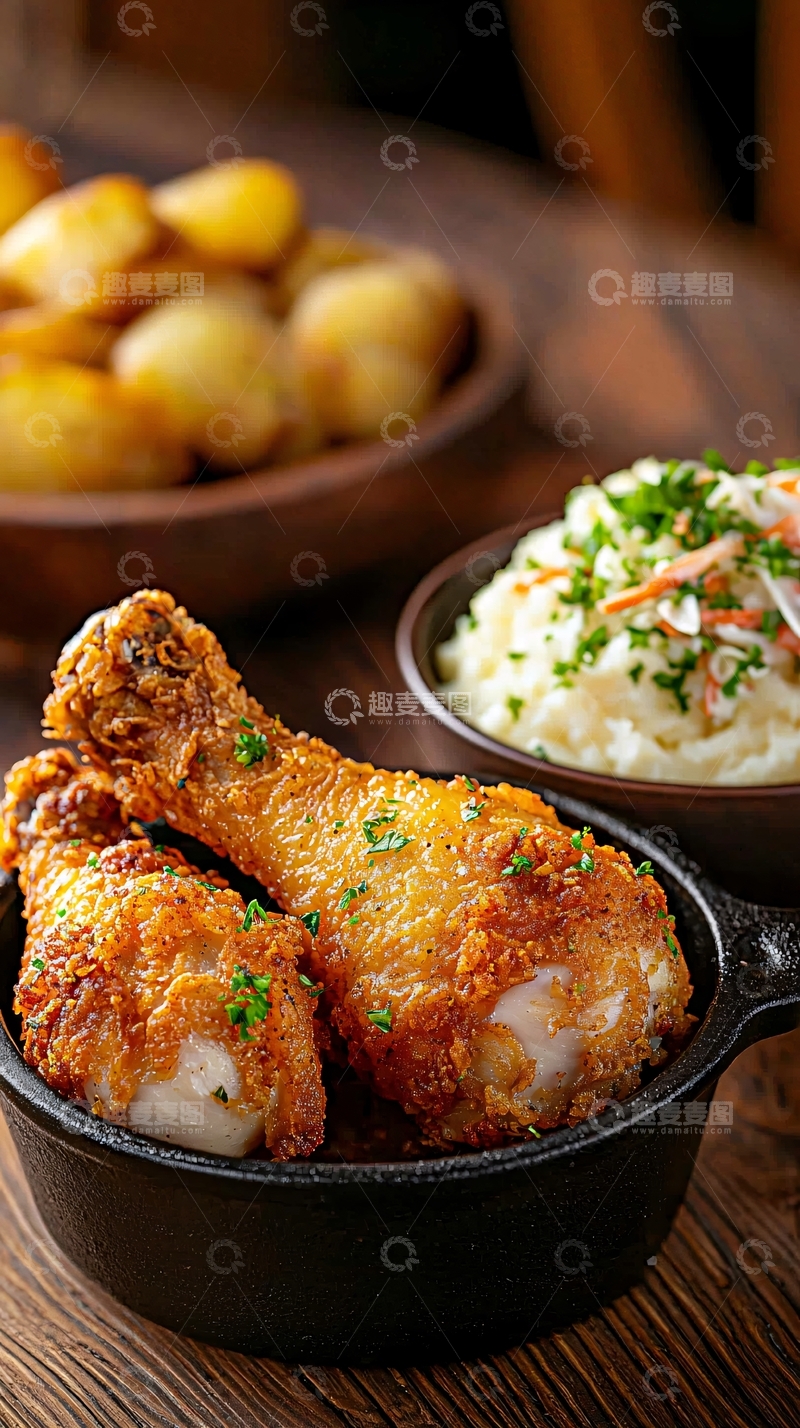 高清大图下载【趣麦麦图】炸鸡腿配土豆泥和奶油土豆泥