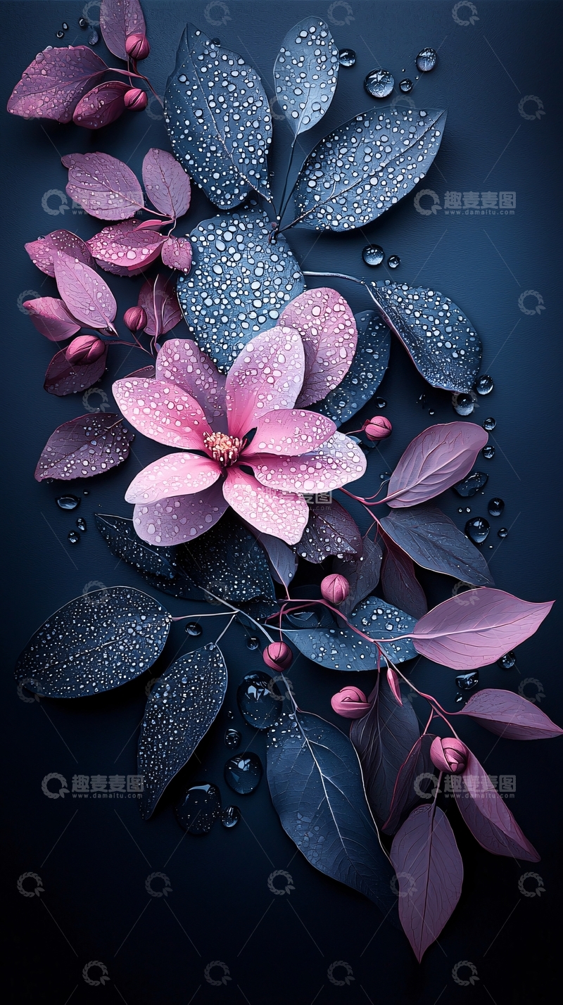 高清大图下载【趣麦麦图】雨后紫色花朵与水滴艺术插画