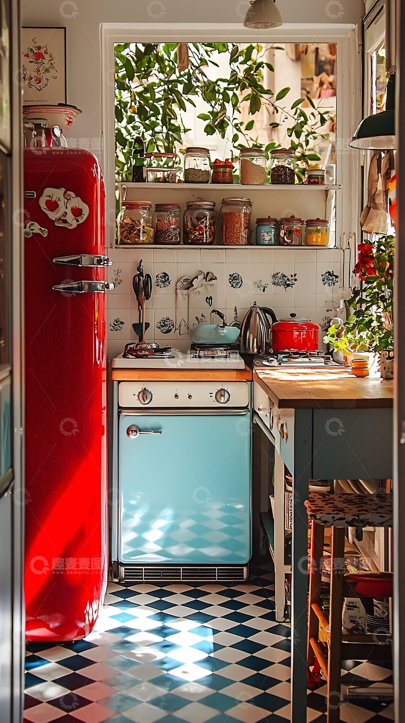 高清大图下载【趣麦麦图】复古厨房与红色冰箱