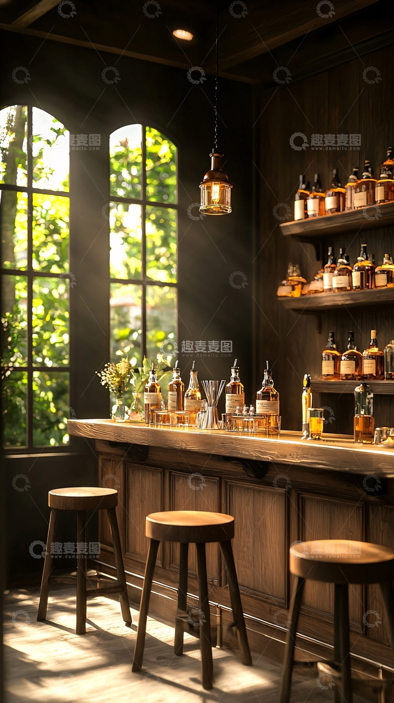 高清大图下载【趣麦麦图】复古酒吧吧台与阳光透过窗户