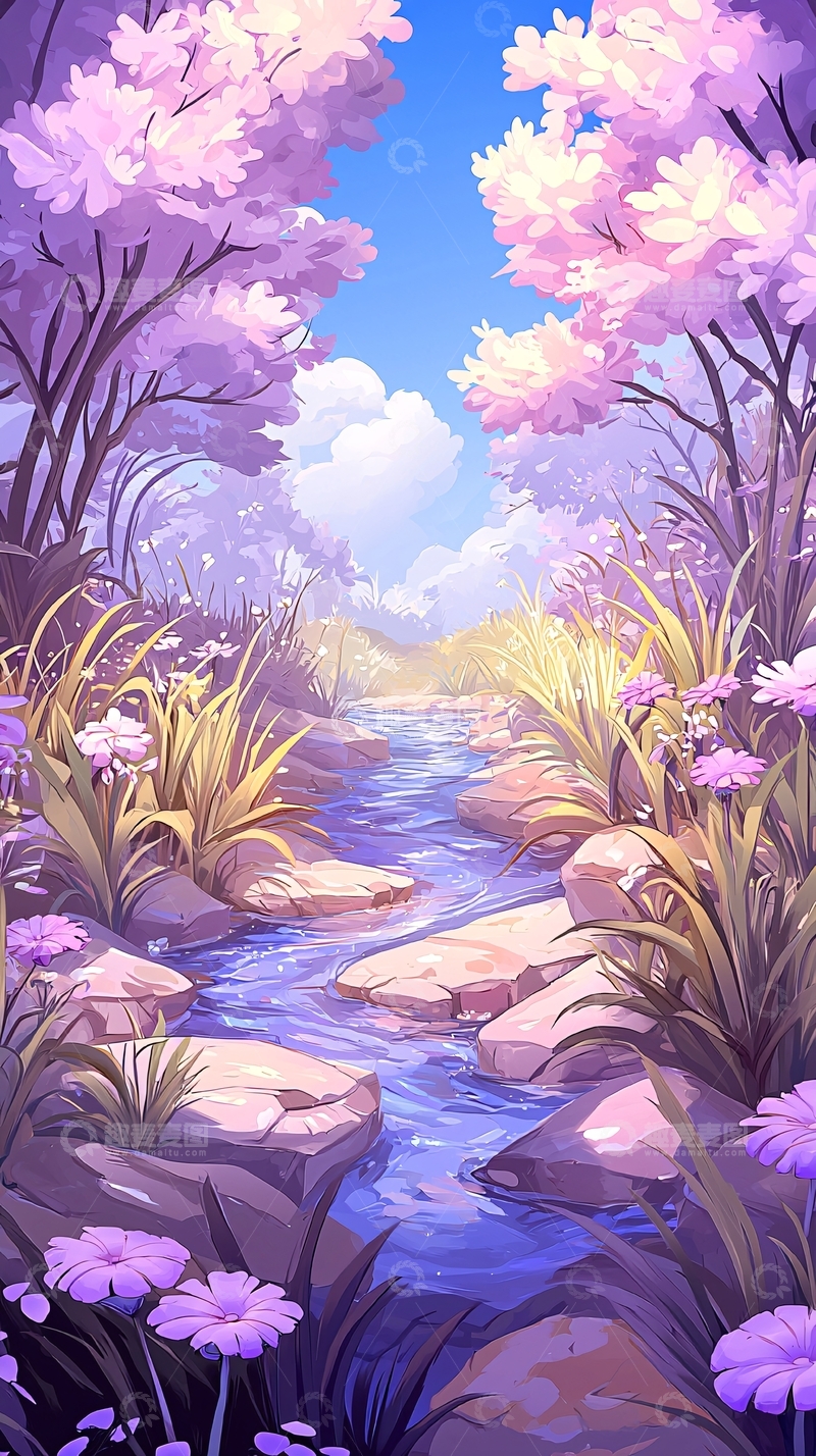高清大图下载【趣麦麦图】紫色花园小溪风景