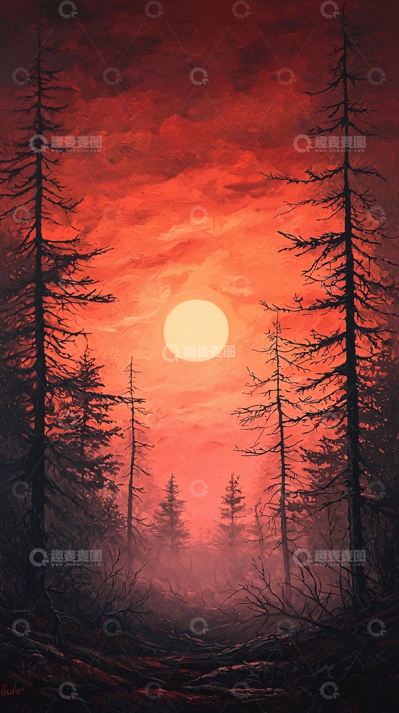 高清大图下载【趣麦麦图】红日森林剪影