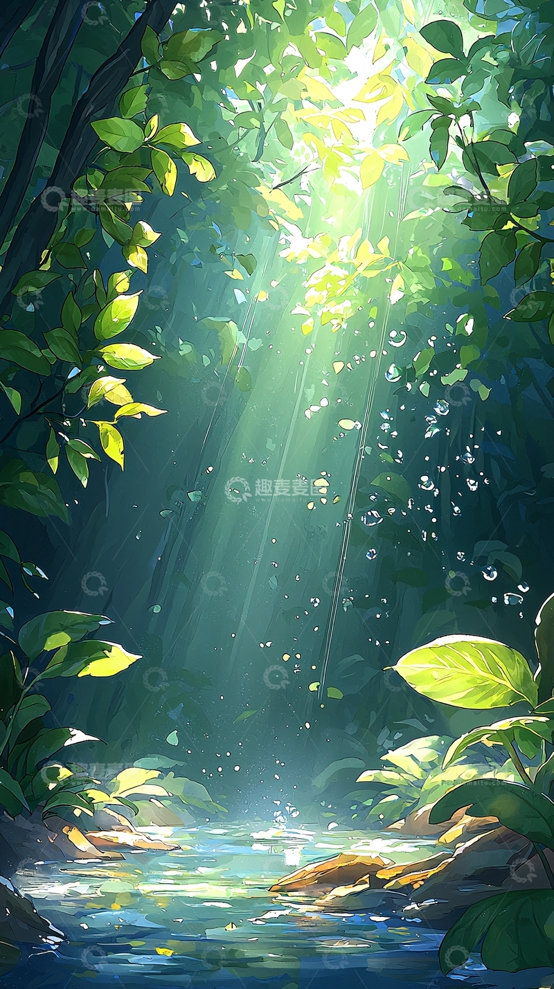 高清大图下载【趣麦麦图】森林中的阳光与溪流