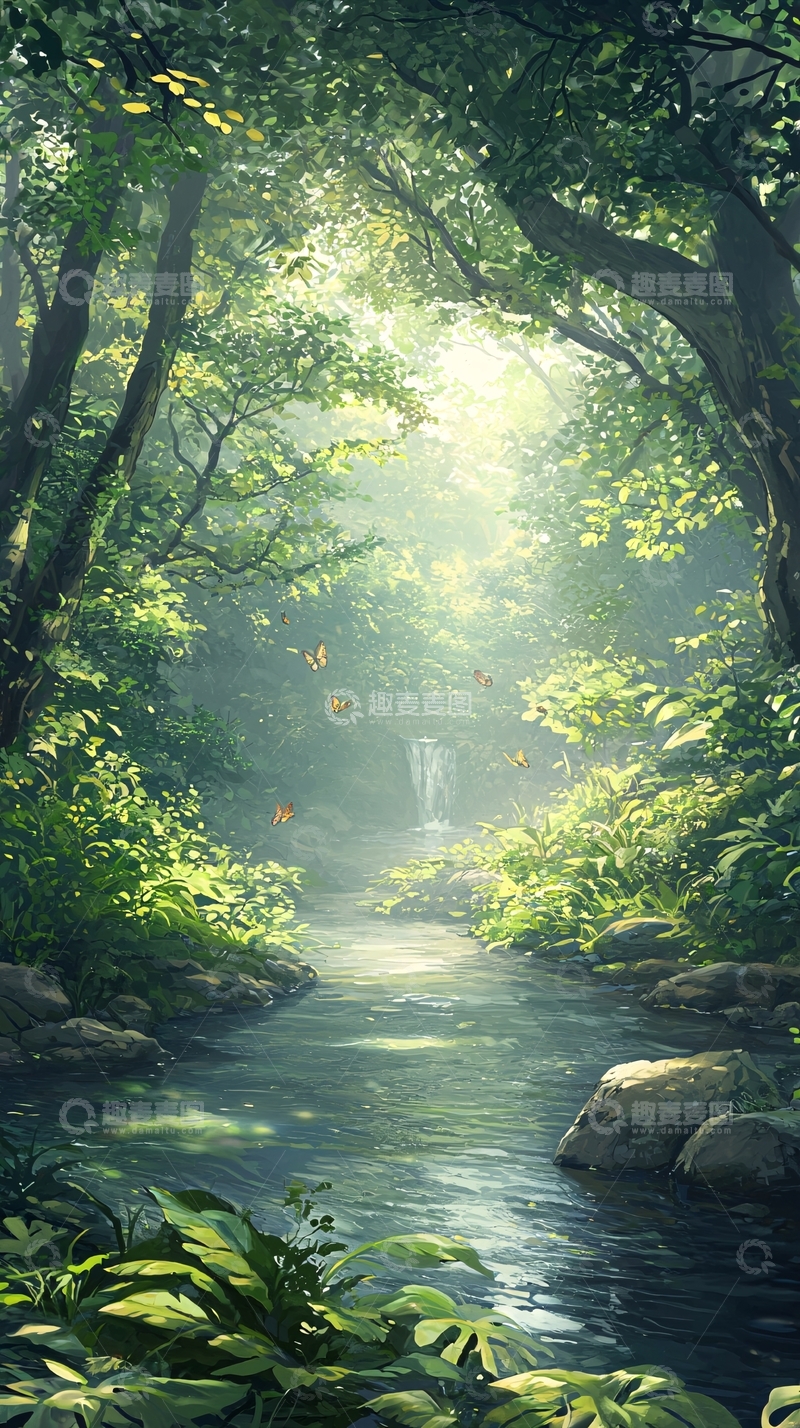 高清大图下载【趣麦麦图】森林中的小溪与蝴蝶