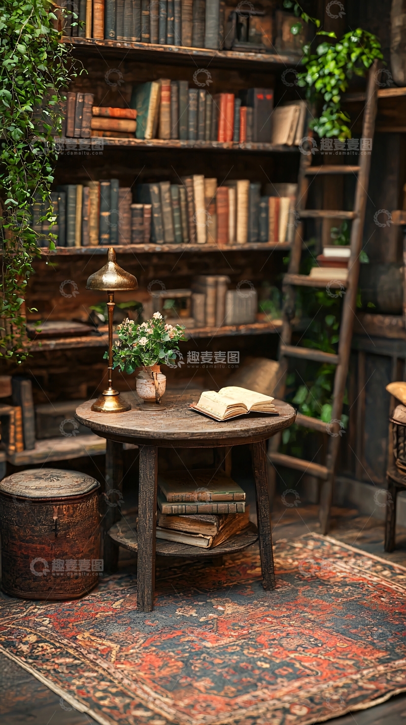 高清大图下载【趣麦麦图】复古书房书架与桌子场景