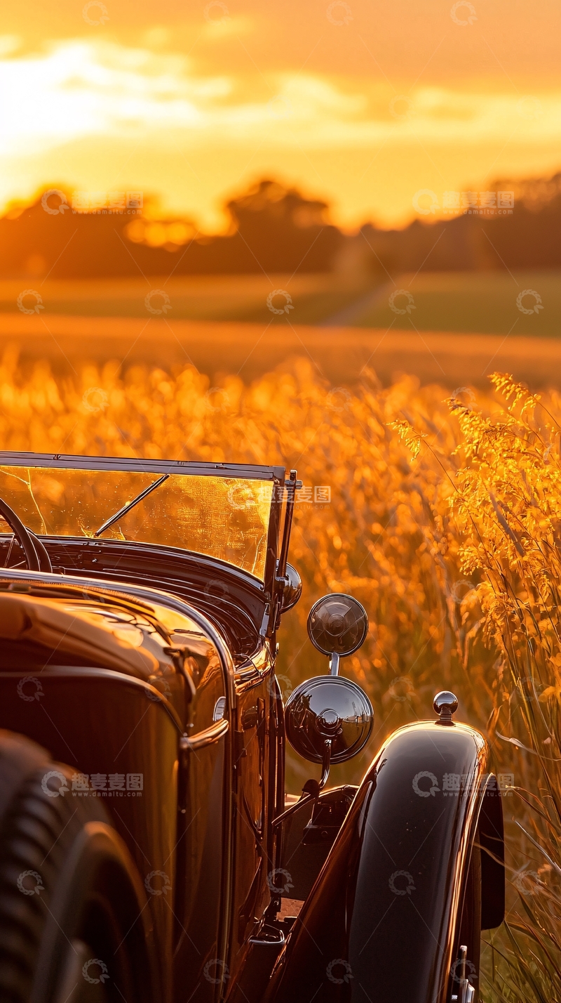 高清大图下载【趣麦麦图】夕阳下的复古汽车