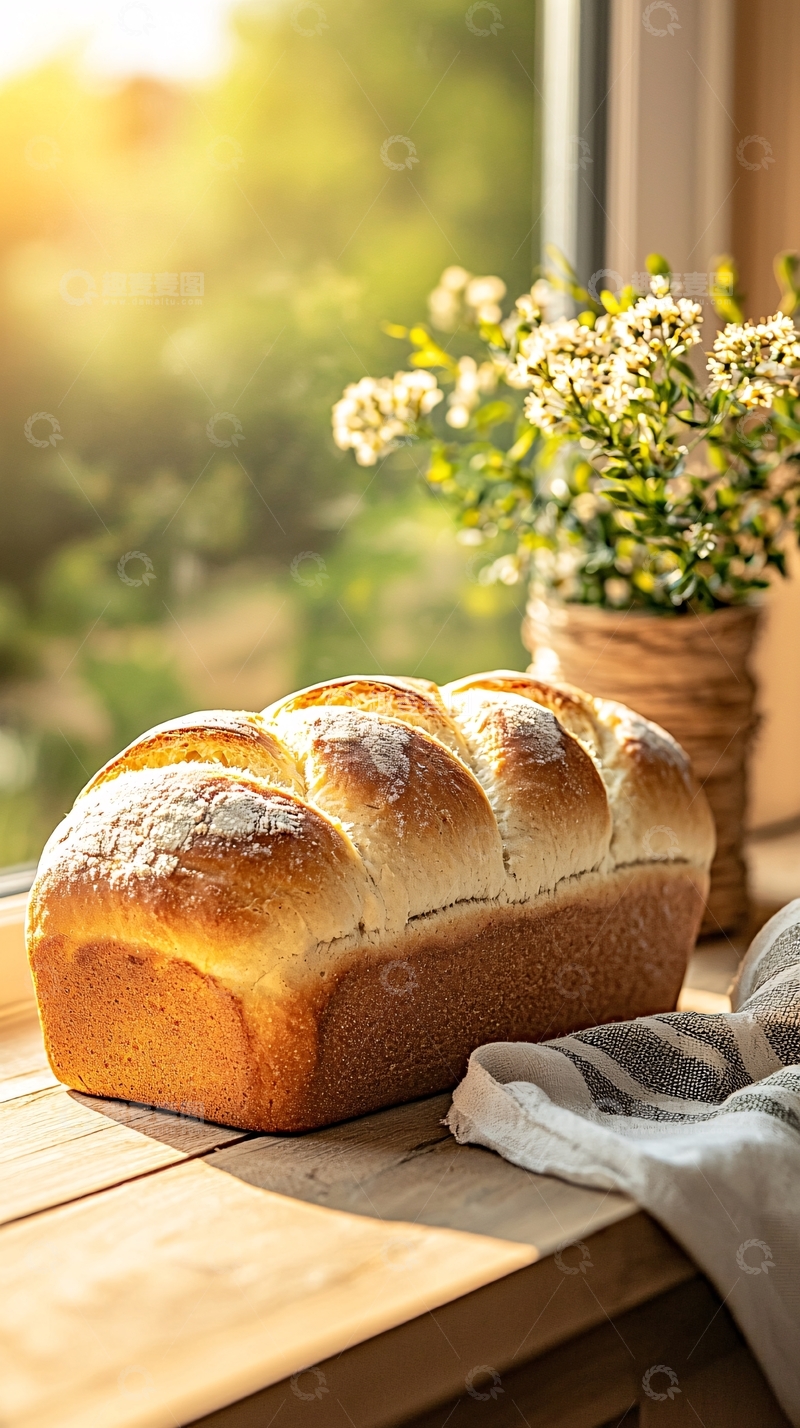 高清大图下载【趣麦麦图】阳光下的新鲜面包与花瓶