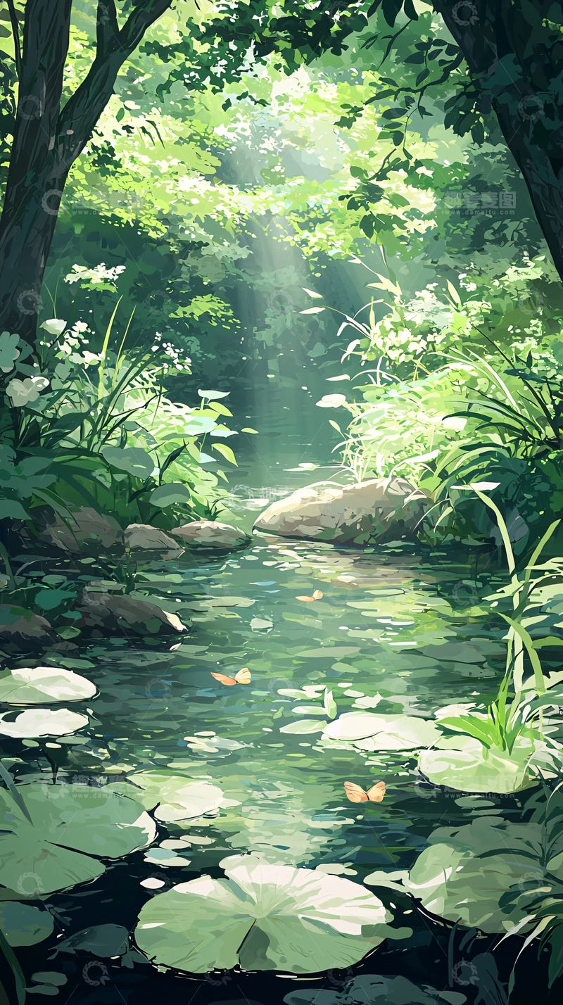 高清大图下载【趣麦麦图】森林中的小溪与荷叶