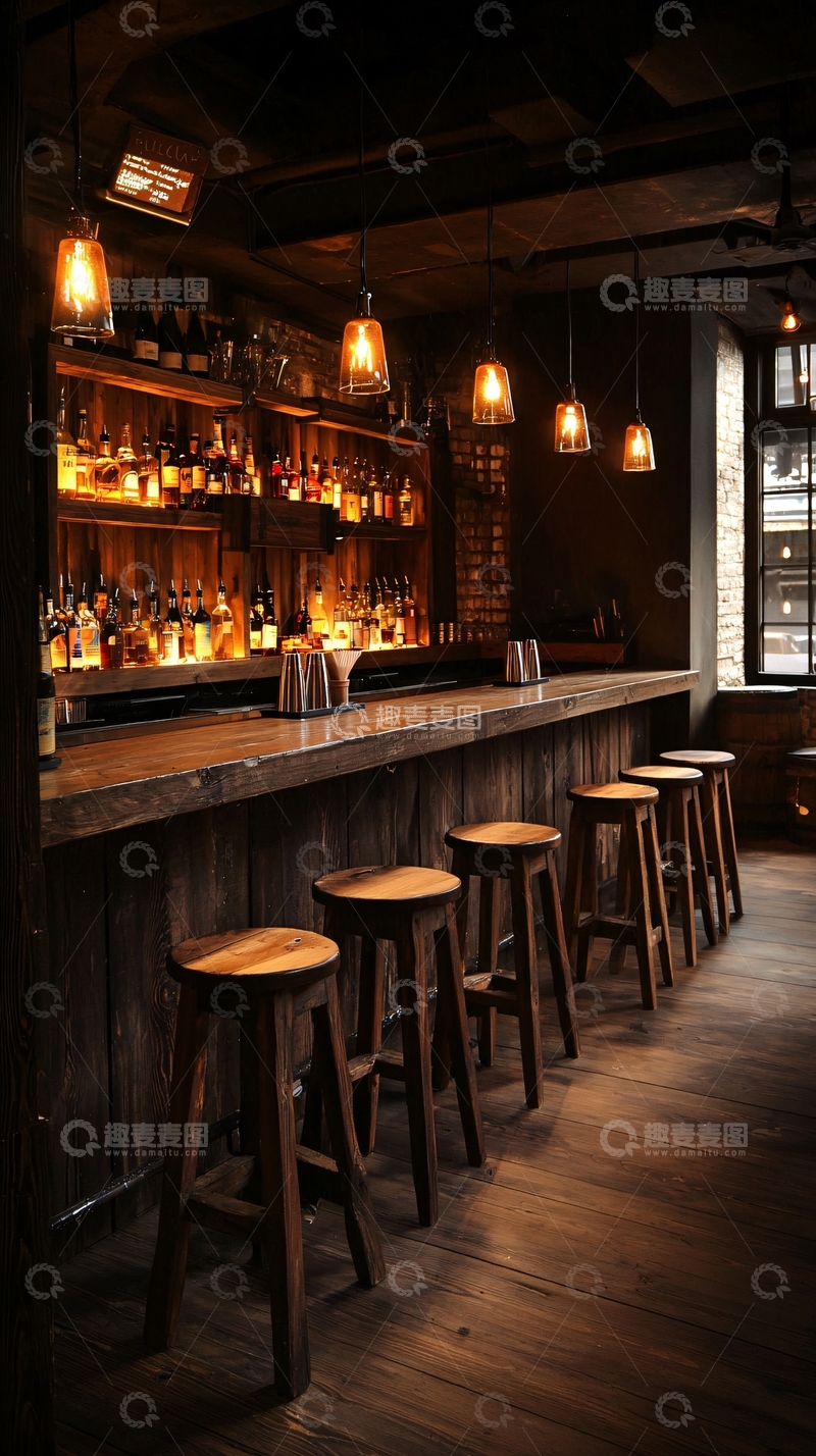 高清大图下载【趣麦麦图】复古酒吧吧台与木质凳子