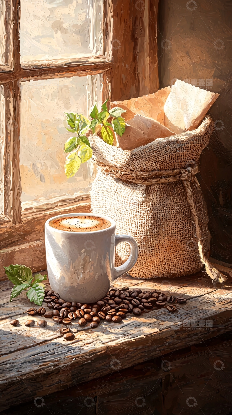高清大图下载【趣麦麦图】咖啡杯与豆子的温馨早晨