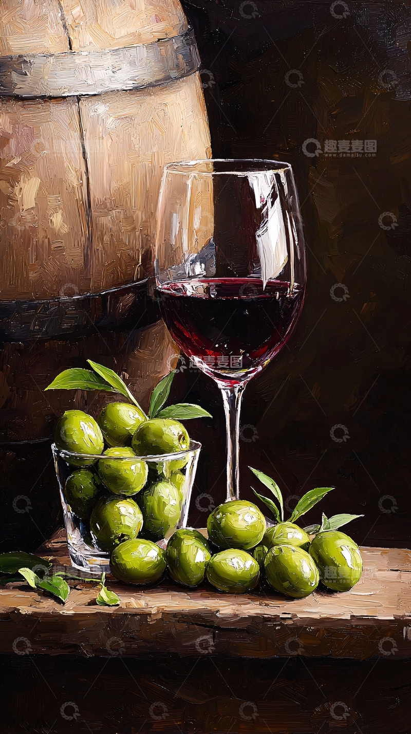 高清大图下载【趣麦麦图】红酒与橄榄静物画