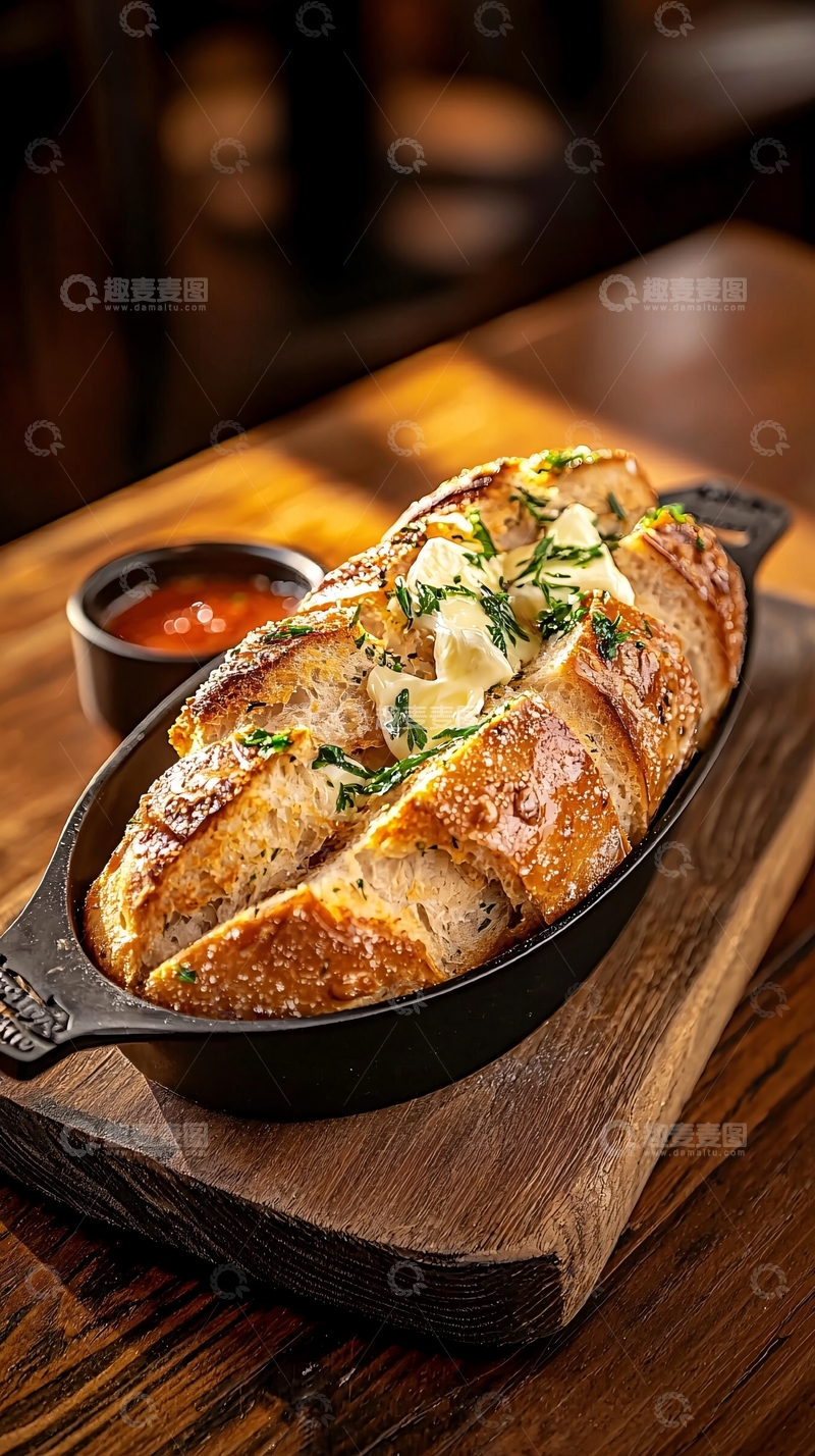 高清大图下载【趣麦麦图】法式面包配蒜香黄油和番茄酱