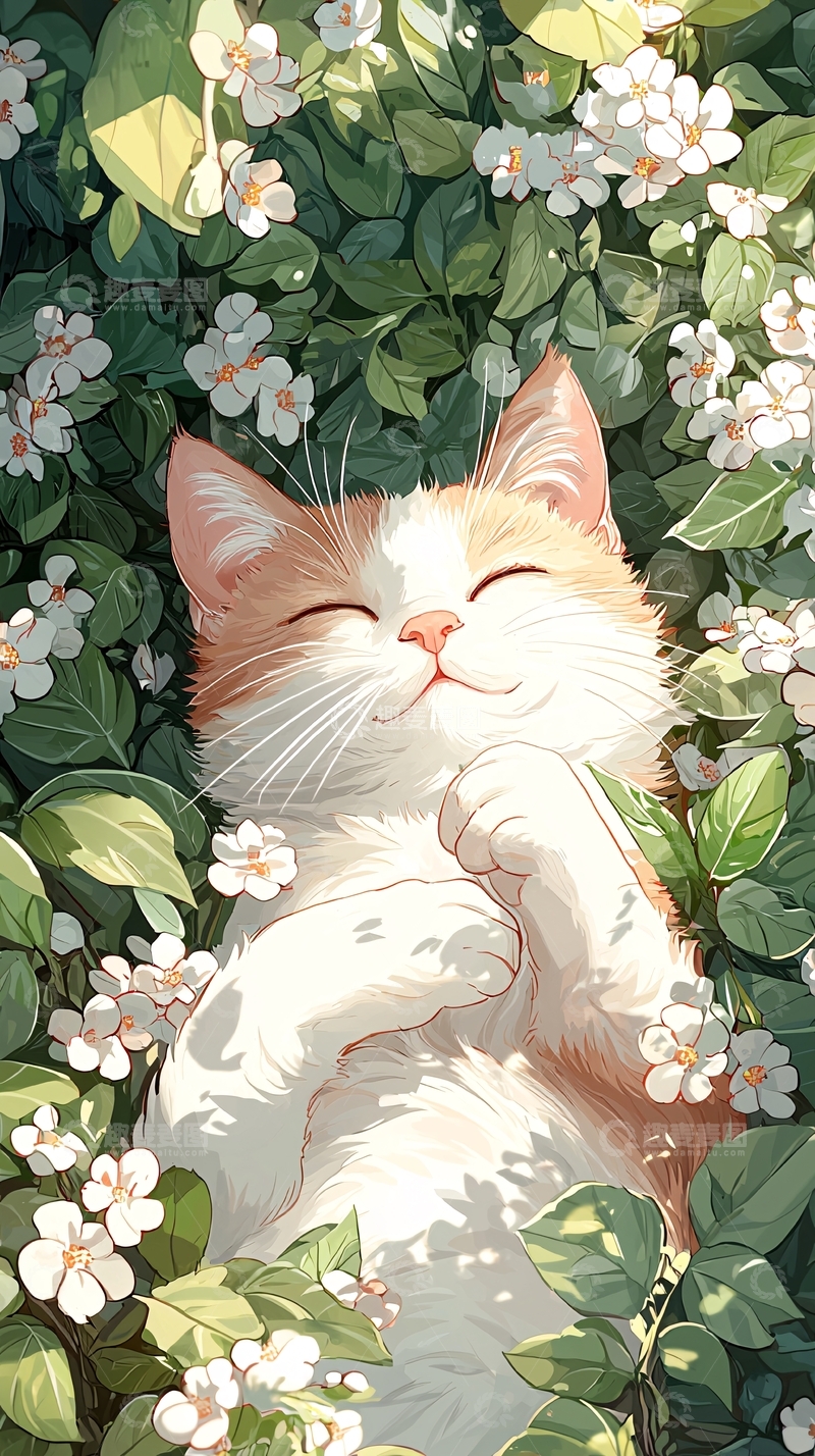 高清大图下载【趣麦麦图】猫咪花丛中慵懒时光