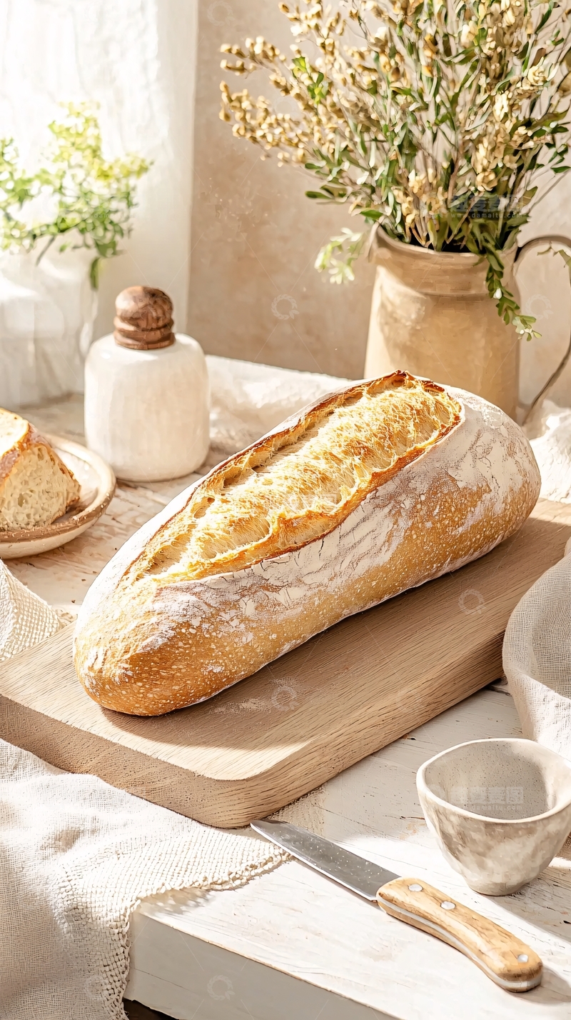 高清大图下载【趣麦麦图】法式面包与花瓶的温馨早餐场景