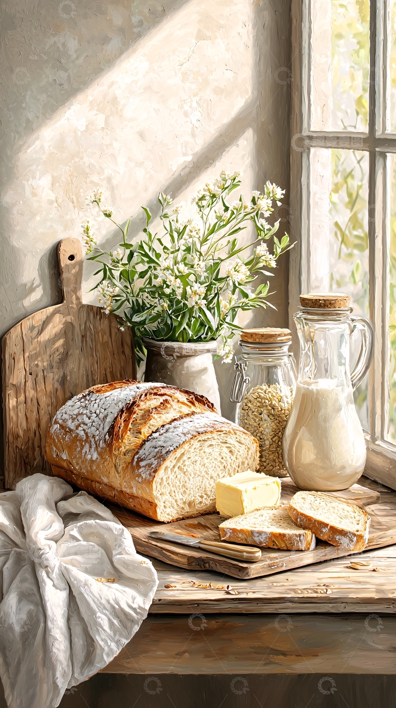 高清大图下载【趣麦麦图】乡村面包与牛奶的静谧时光