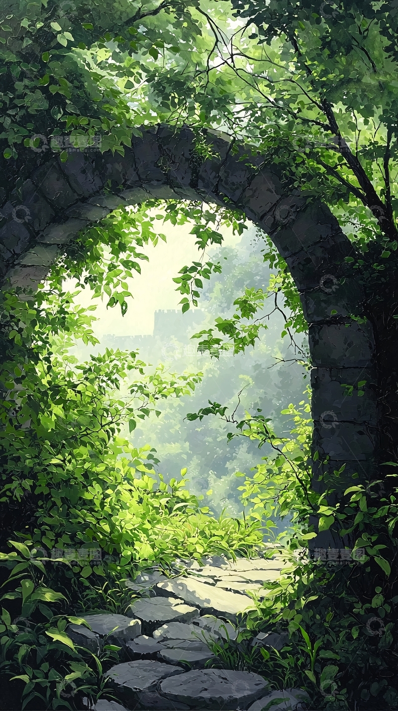 高清大图下载【趣麦麦图】古桥绿意盎然自然风光