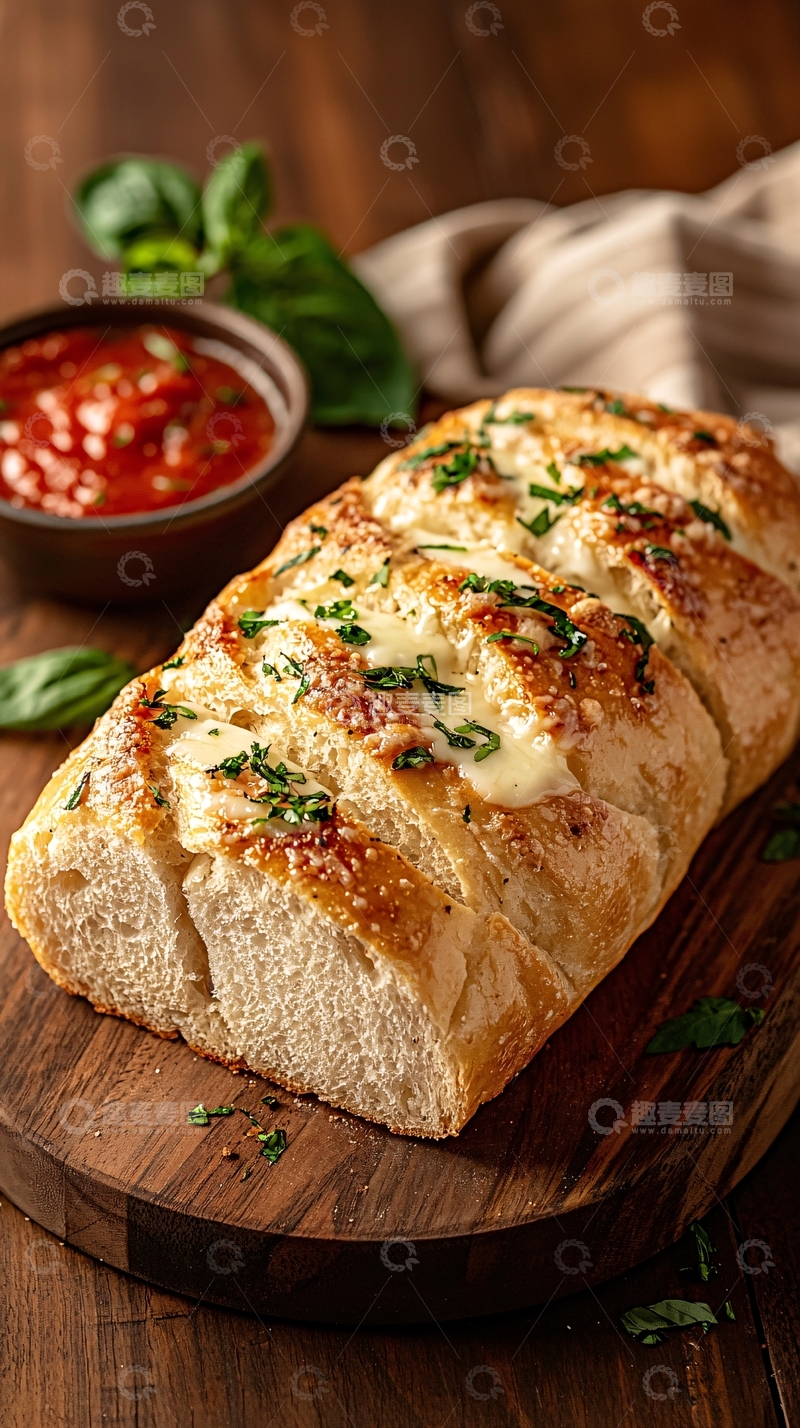 高清大图下载【趣麦麦图】芝士蒜香面包配番茄酱