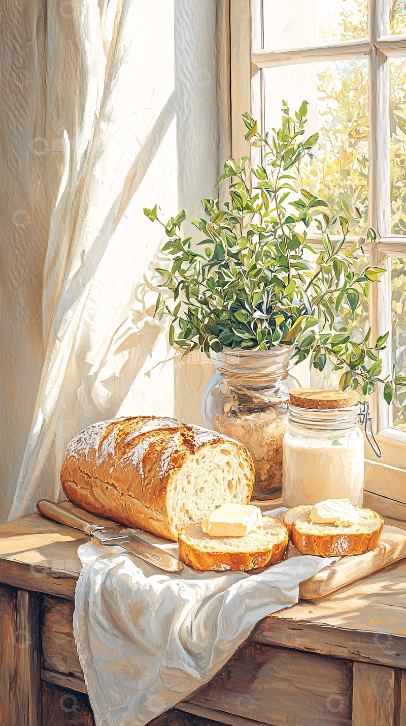 高清大图下载【趣麦麦图】阳光下的面包与牛奶