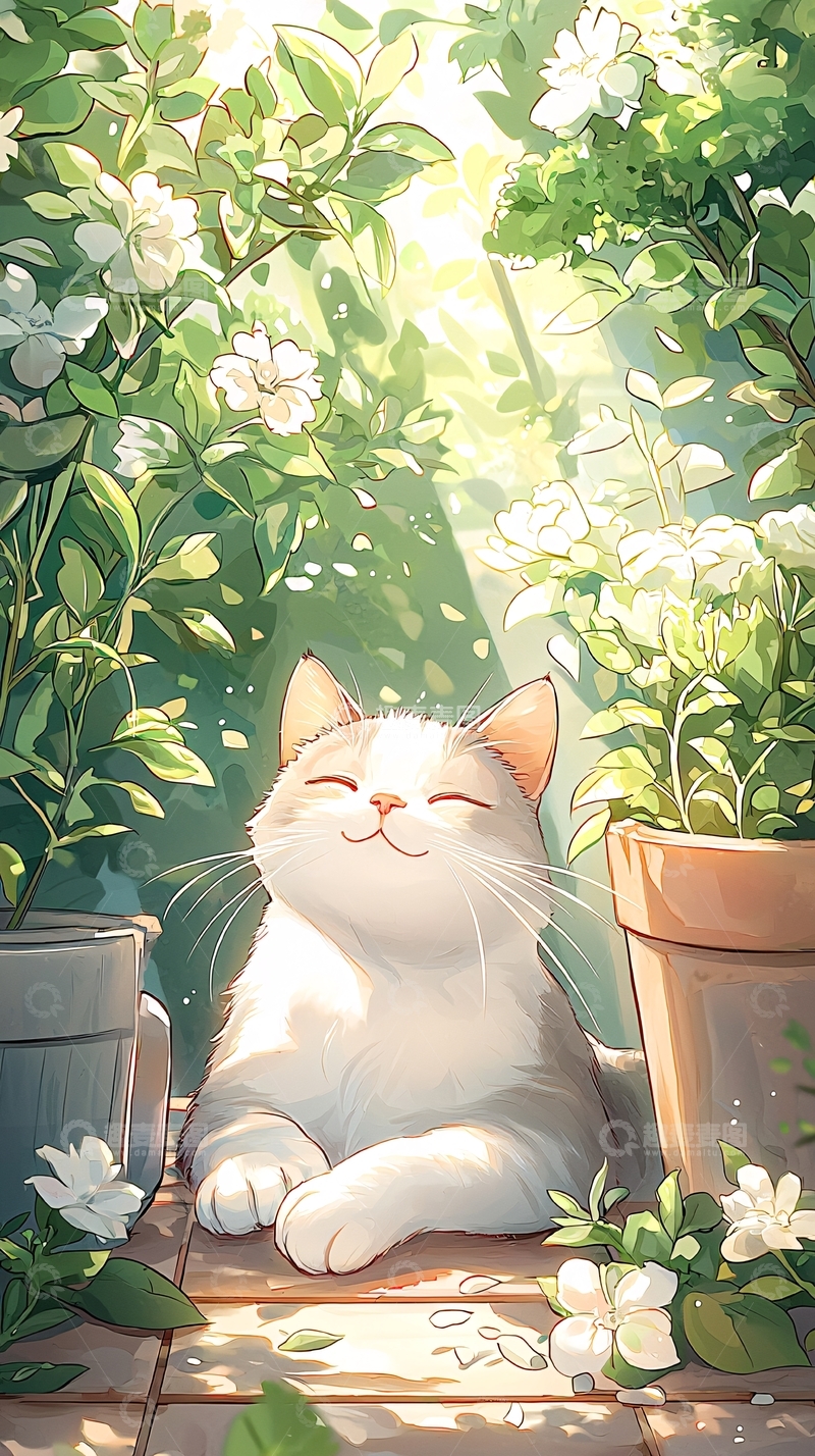 高清大图下载【趣麦麦图】阳光下的猫咪与花丛
