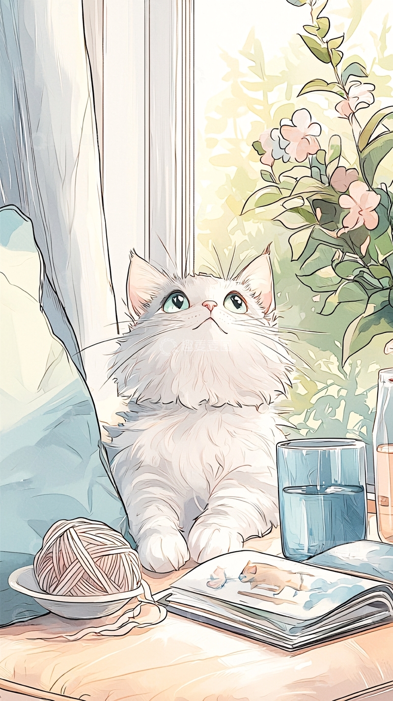 高清大图下载【趣麦麦图】窗边猫咪与毛线球
