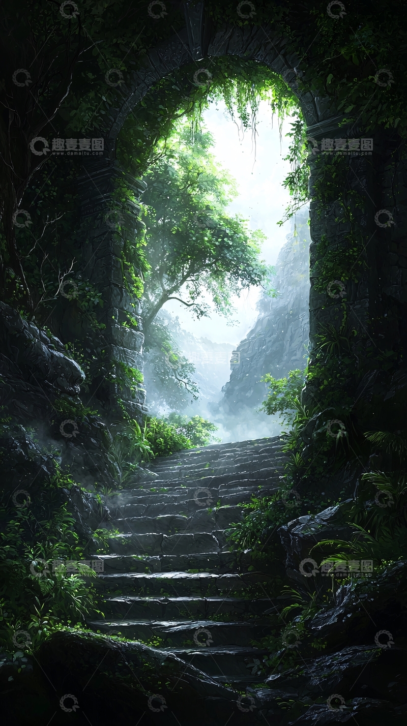 高清大图下载【趣麦麦图】石阶通往神秘森林