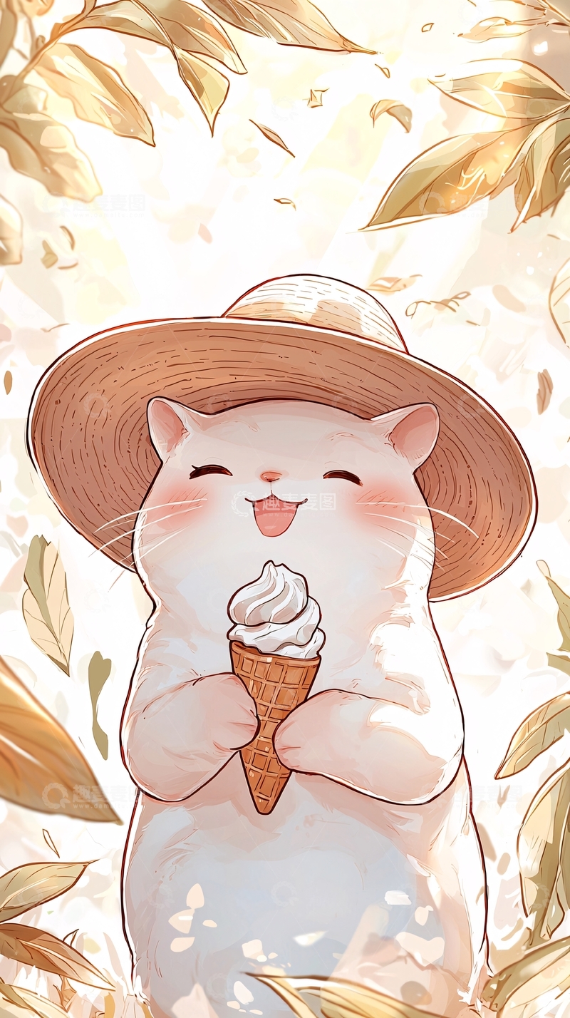 高清大图下载【趣麦麦图】秋天猫咪吃冰淇淋插画
