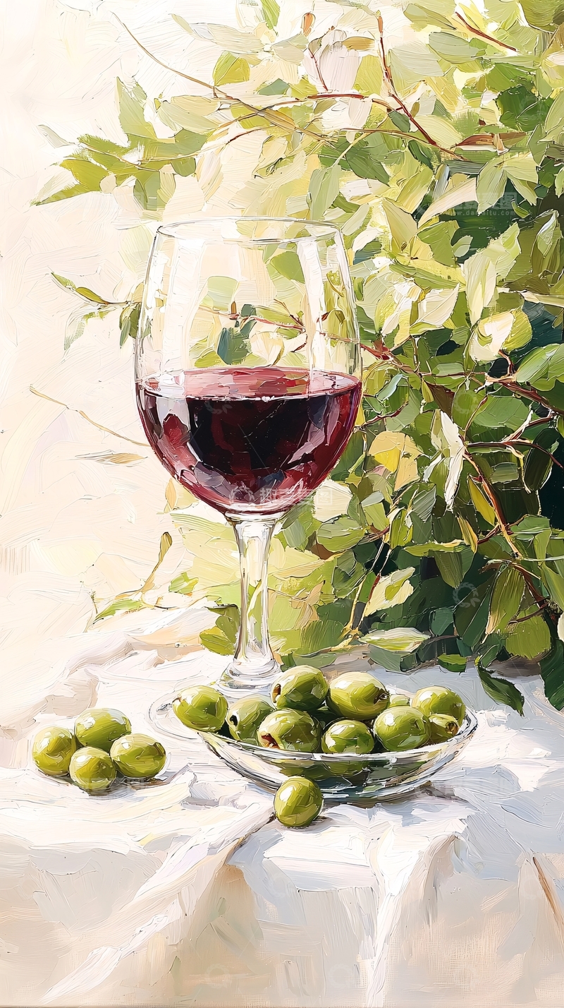 高清大图下载【趣麦麦图】红酒与橄榄静物画