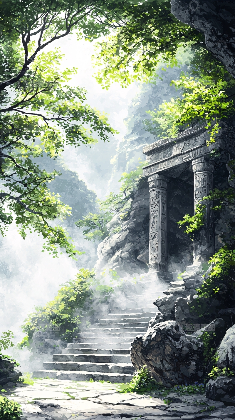 高清大图下载【趣麦麦图】古迹石阶与绿树环绕