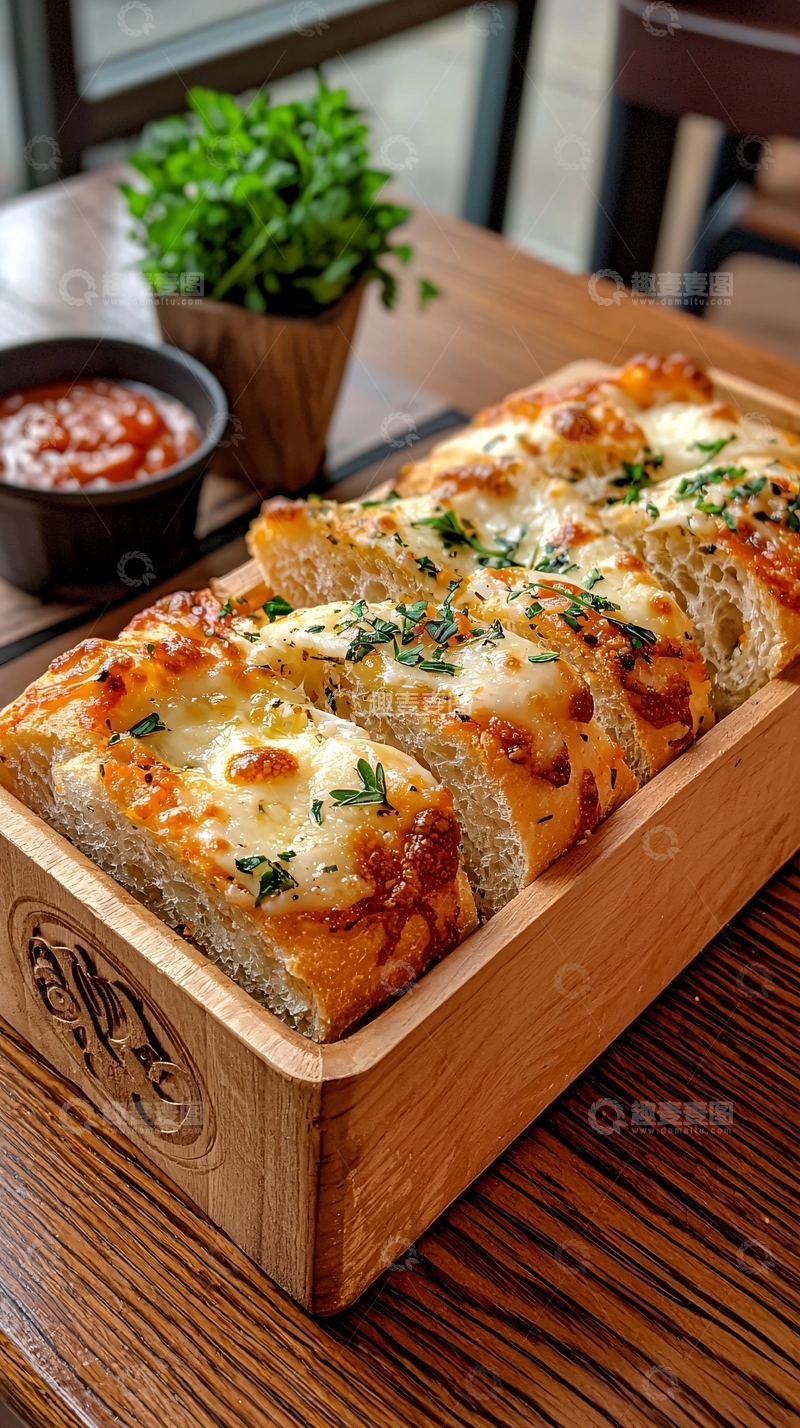 高清大图下载【趣麦麦图】芝士蒜香面包配番茄酱