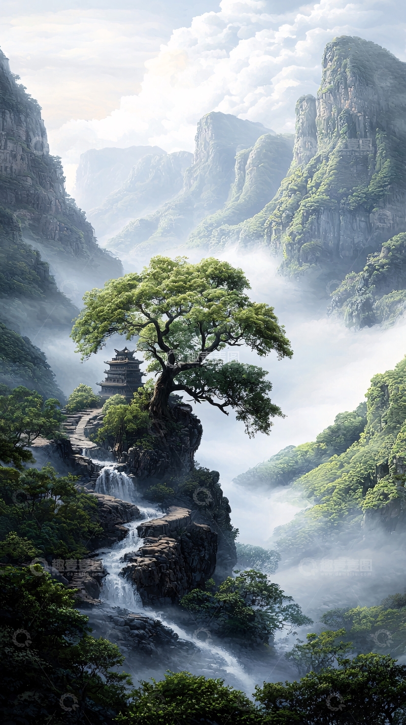 高清大图下载【趣麦麦图】山水画卷：古塔瀑布与大树