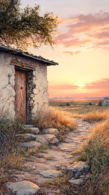 夕阳下的石屋与小径